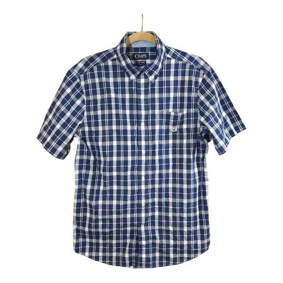 Chaps Easy Care Short Sleeve Plaid Button-front Shirt in Blue & White Men's M - Picture 1 of 6